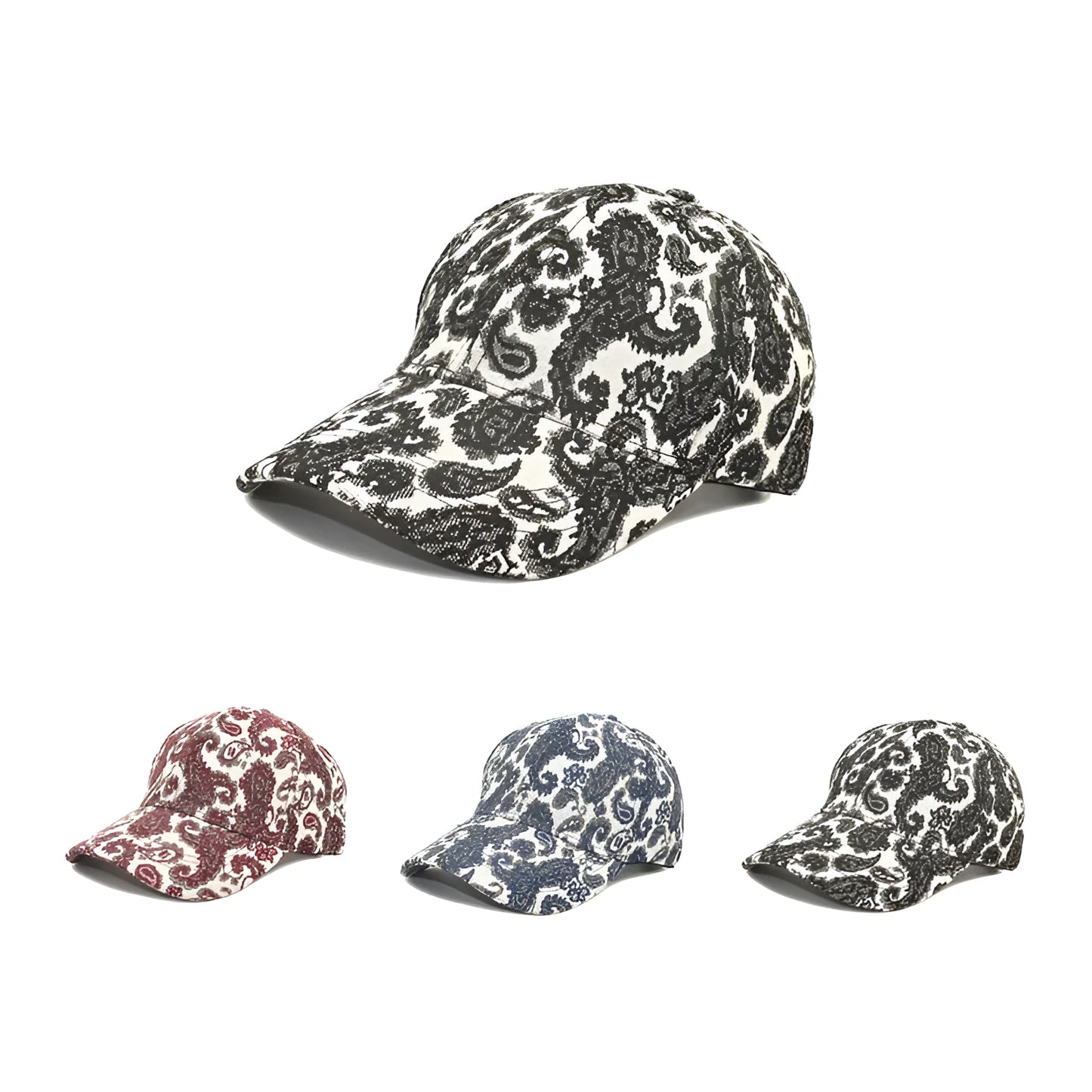 Blue polyester baseball cap with white paisley pattern print, showing dome crown style.