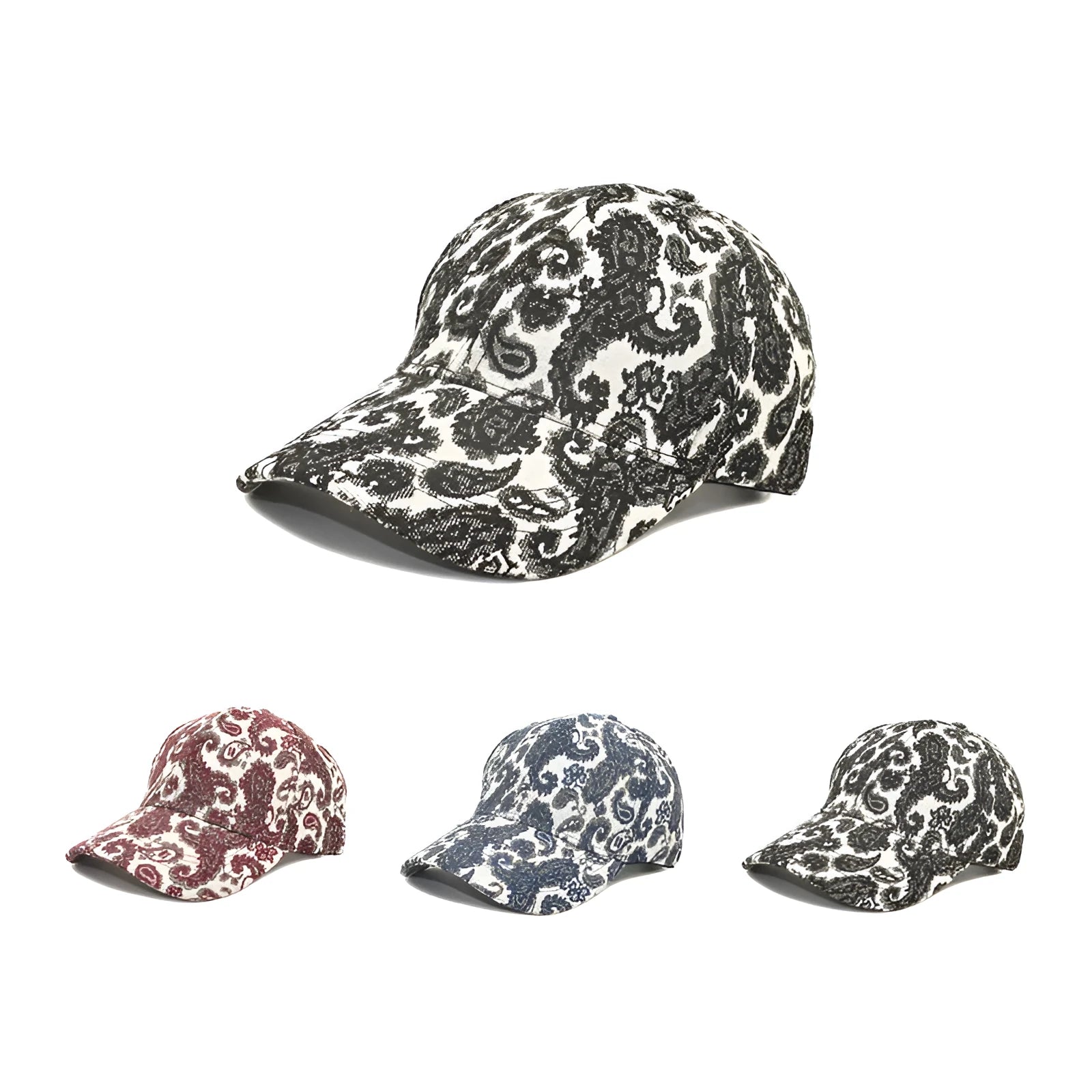 Blue polyester baseball cap with white paisley pattern print, showing dome crown style.
