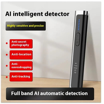 Black and silver handheld Signal Search anti spy camera detector on a plain background.
