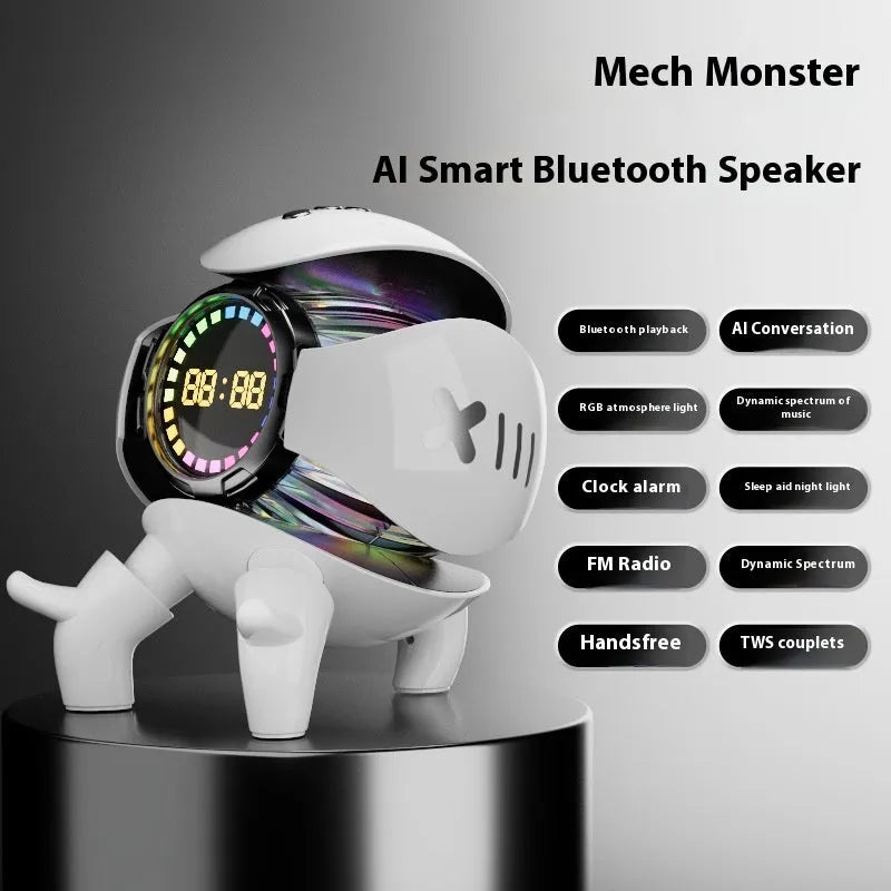 Mech Monster Smart Clock Alarm Clock Bluetooth Audio Speaker with 6W Output, 1800mAh Battery, RGB Breathing Light, FM Radio, TF Card Playback, AI Voice Intercom, and TWS Pairing for Bedside and Desktop Use
