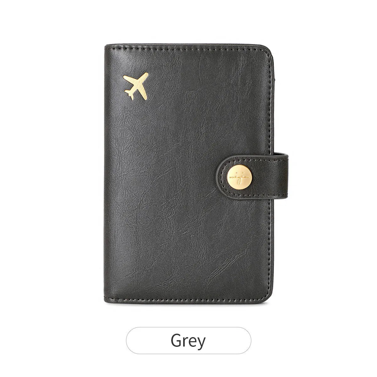 Simple PU leather passport holder in sapphire blue with visible sewing lines, showing card slots and RFID protection.