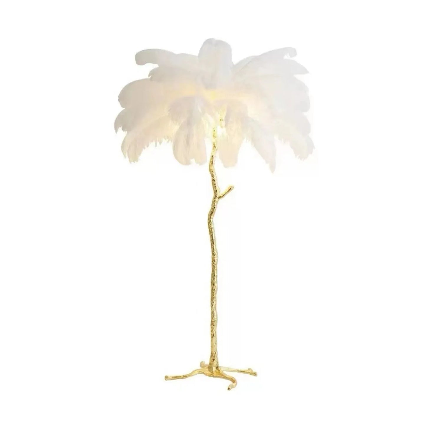 Tall decorative floor lamp with 32 resin feathers in living room setting