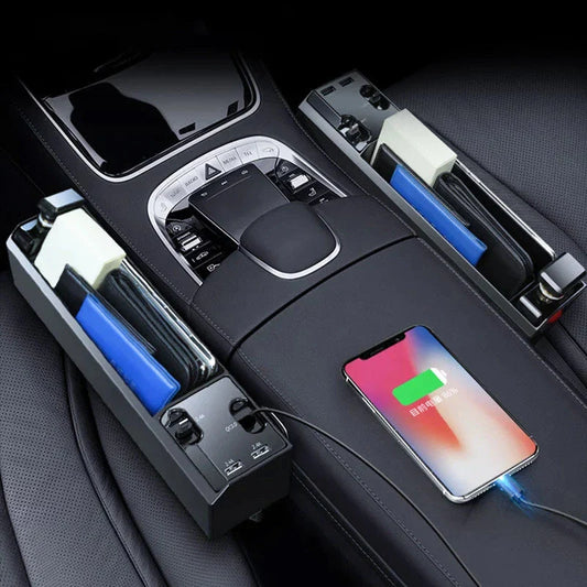 Car organizer with charging ports to store small items and keep devices powered up in vehicle