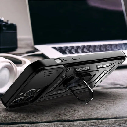 Sergeant sliding window magnetic phone case for iPhone in black, showing the integrated stand extended.