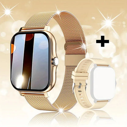 Smart watch with 144-inch touchscreen displaying health metrics, silicone strap, waterproof design for daily activity tracking