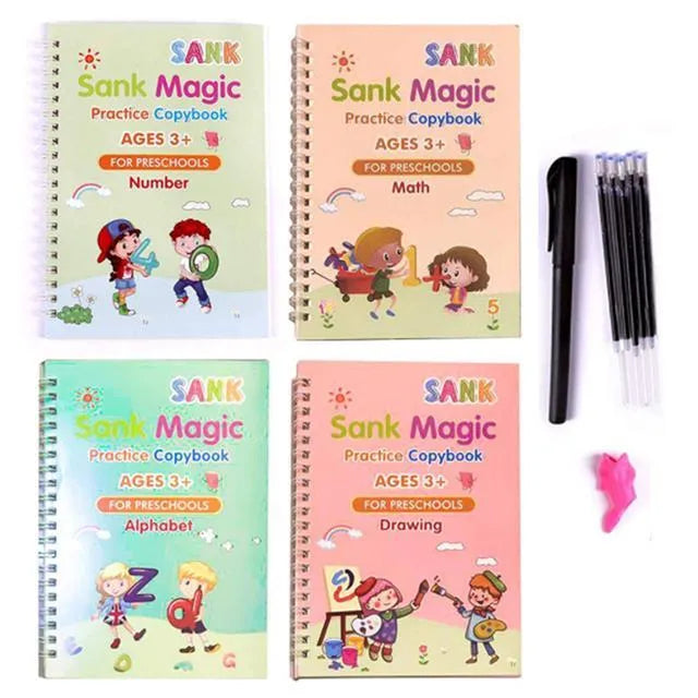 Magic calligraphy copybook set with stylus for children's handwriting practice showing 3D slot design