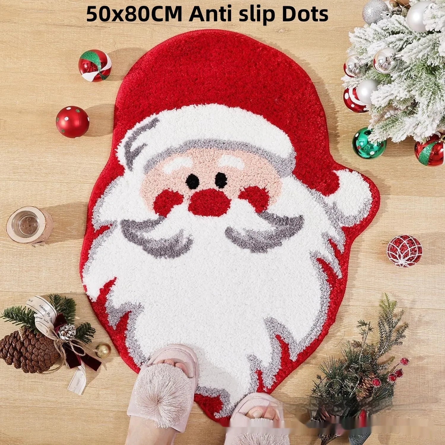 Square Christmas-themed hallway mat with non-slip backing on wooden floor