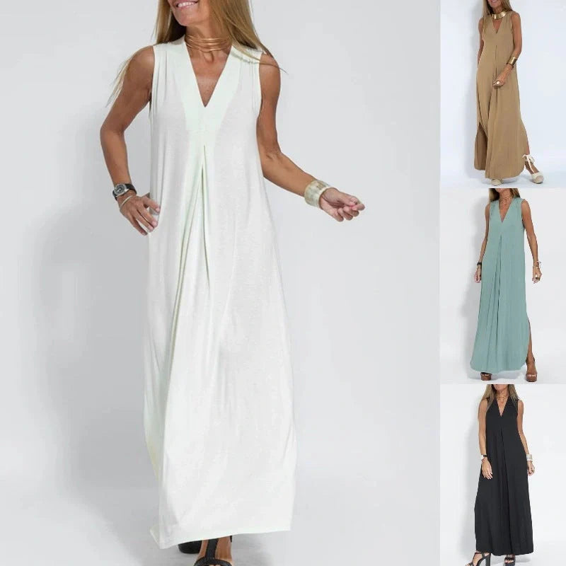 Women's V-neck sleeveless dress and long cardigan jacket set in solid colors