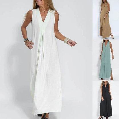 Women's V-neck sleeveless dress and long cardigan jacket set in solid colors