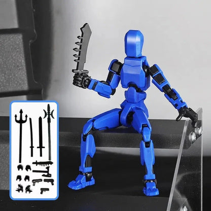 Highly posable 3D printed robot mannequin toy with interchangeable accessories, including wings and weapons