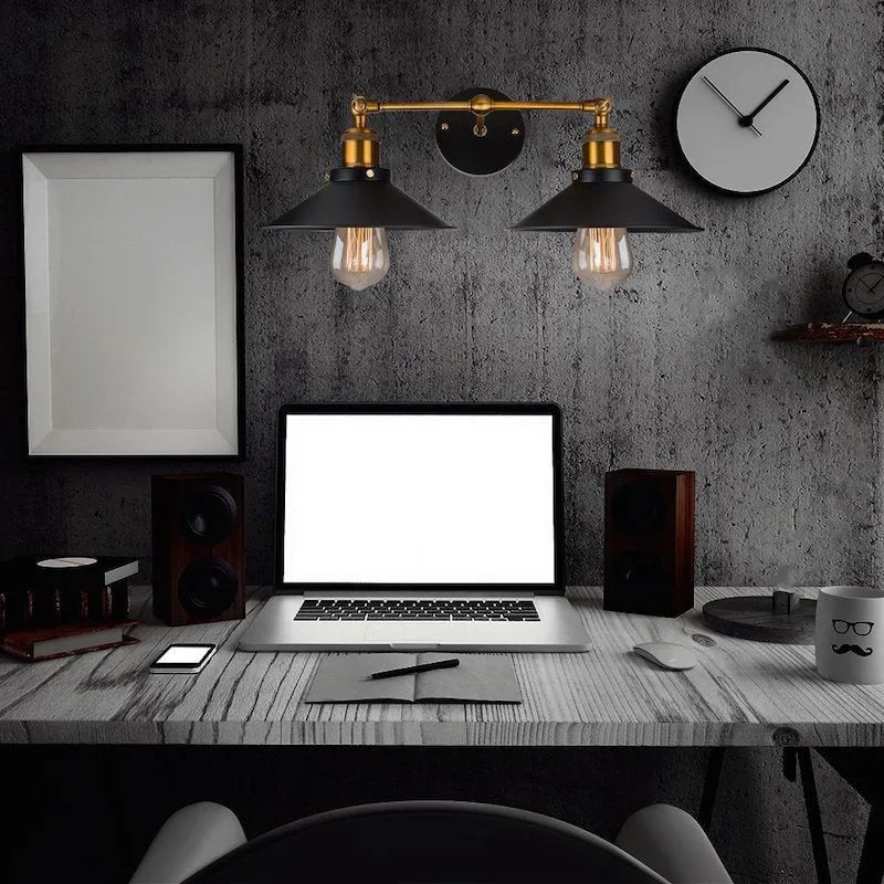 Black double head retro industrial iron wall lamp with Edison bulb compatibility
