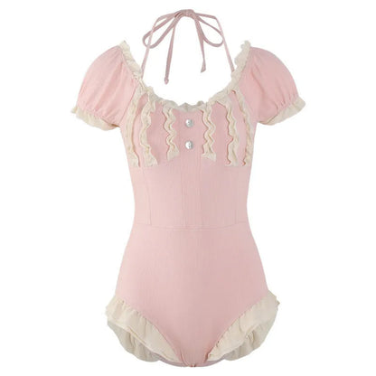 Pink women's conservative one-piece swimsuit with Siamese cut design
