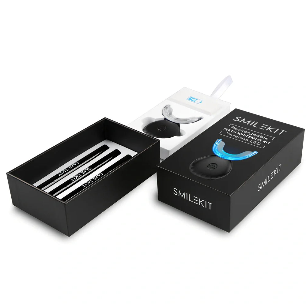 Wireless teeth whitening lamp kit in black charging suit with mint gel for portable stain cleaning