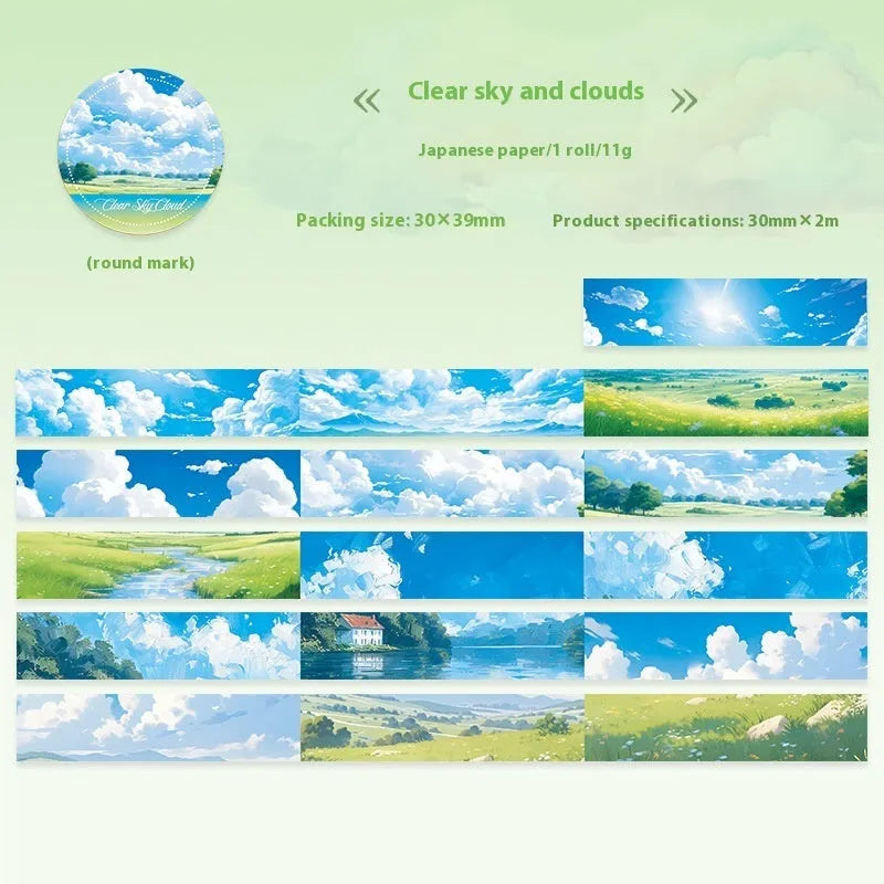 Roll of Japanese paper sky theme washi tape showing colourful clouds design, 30mm width