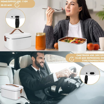 White car heating lunch box with stainless steel interior showing power cords and utensils