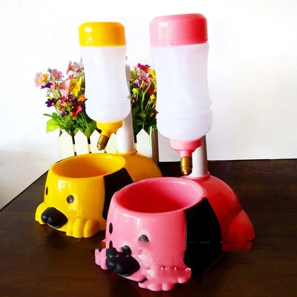 Adjustable height pet drinking bowl in blue, pink, and yellow colours with rod lifting mechanism