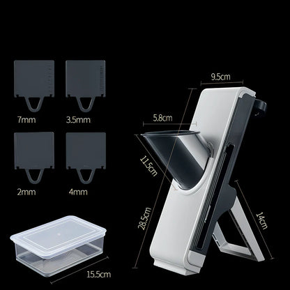 Hand-crank vegetable cutter with three stainless steel blades and fresh-keeping container, grey colour, 28.8cm length