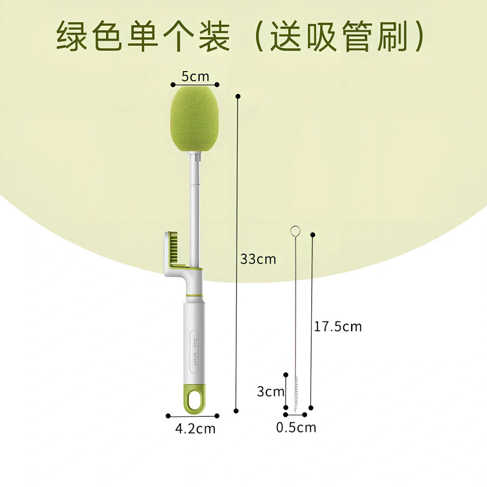 Long handle cup brush with 30cm reach for cleaning narrow bottles in orange and army green colours