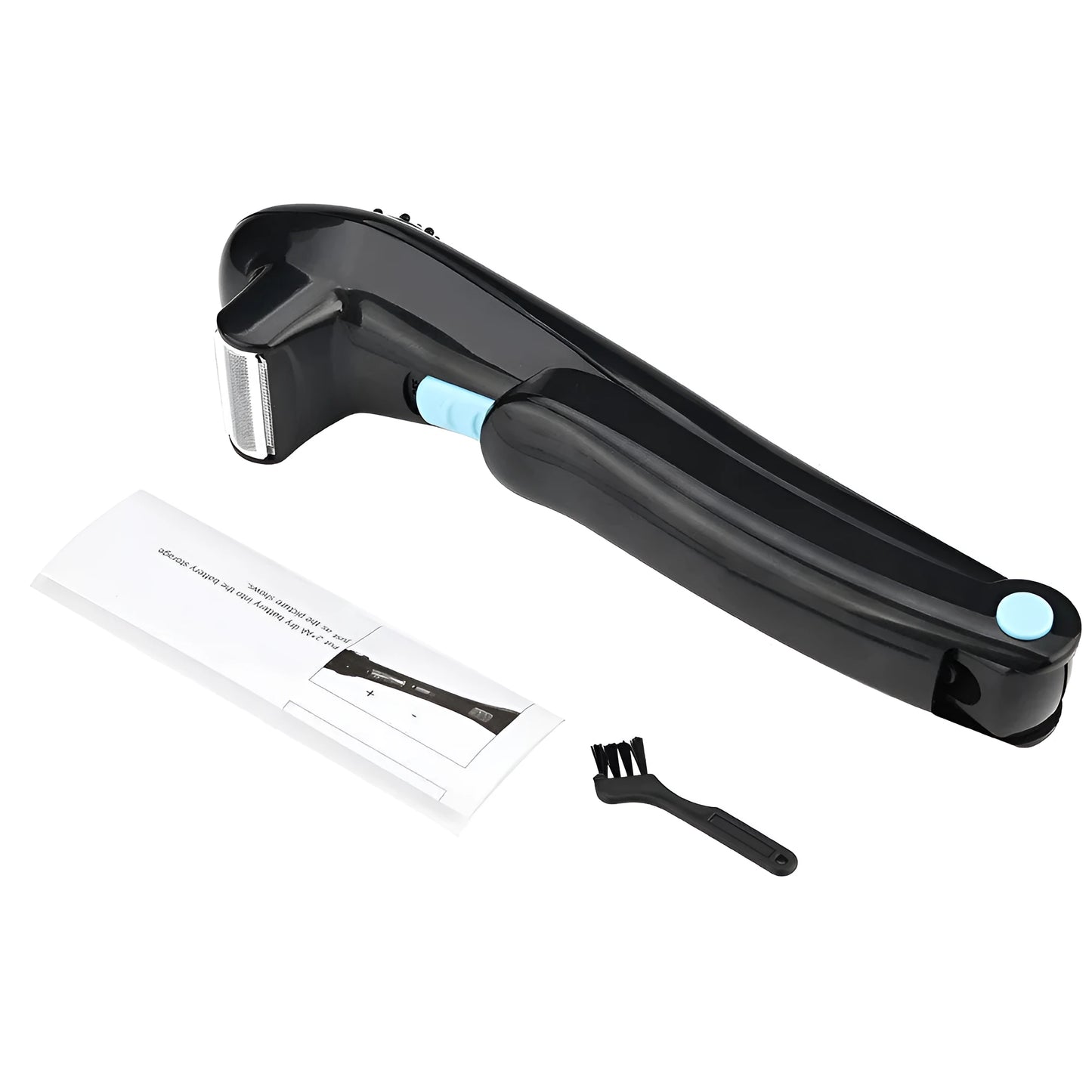 Black folding electric body hair removal shaver on a white background