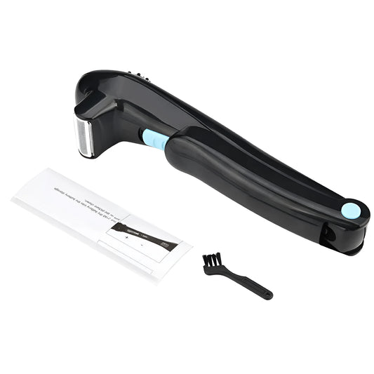 Black folding electric body hair removal shaver on a white background