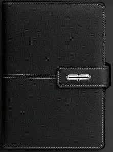 A5 notebook with imitation leather cover in a choice of colours including black, red, green, blue, and orange.