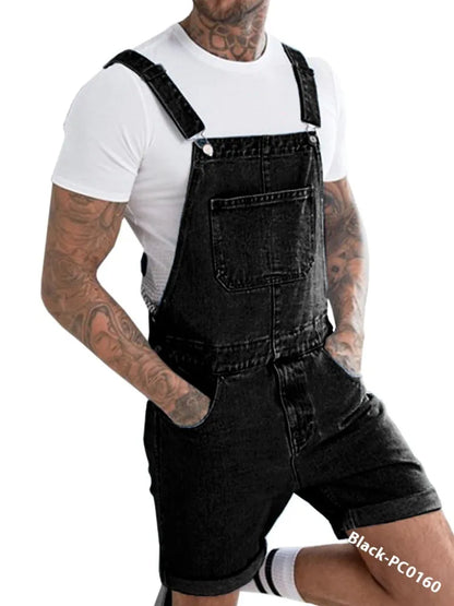 Black denim suspender shorts for men on a hanger, showing mid-waist and shorts length.