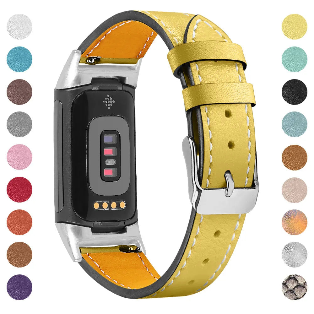 Genuine leather strap for Fitbit charge5 and charge6 in selected colour with adjustable buckle showing 5.5-8.1 inch length