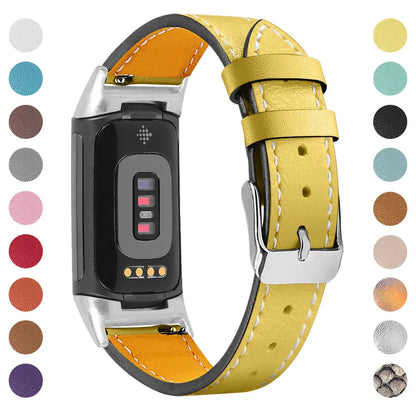 Genuine leather strap for Fitbit charge5 and charge6 in selected colour with adjustable buckle showing 5.5-8.1 inch length