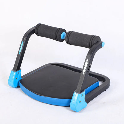Compact sky blue abdominal roller with textured handles on a wooden floor, showing its 38cm length.