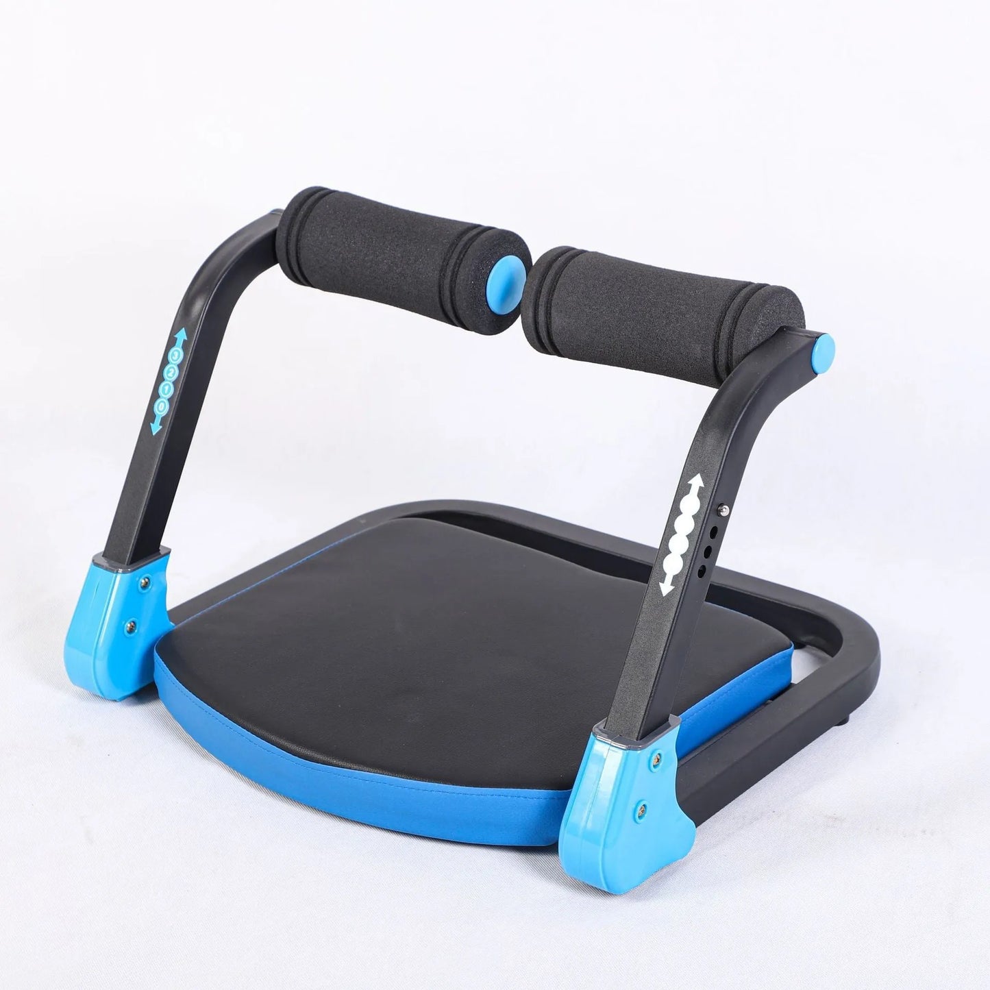 Sky blue and red compact abdominal exercise device with a 23cm diameter on a plain background.