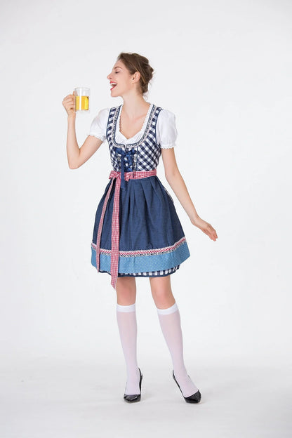 Bavarian Traditional Beer Dress in red with cotton blend fabric, includes top, skirt, and apron