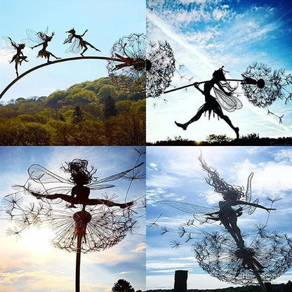 Enchanting metal fairy garden sculptures in the shape of fairies and pixies dancing on dandelions, designed for year-round outdoor or indoor display