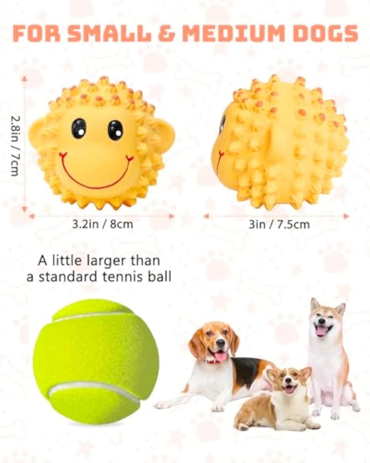 Latex squeaky dog toys in lamb and monkey designs, 3 inches diameter with spiky texture for dental cleaning