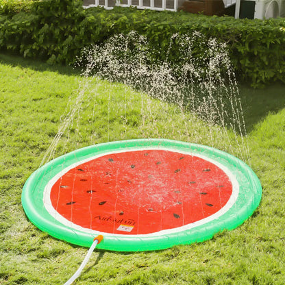 Children playing on a vibrant watermelon design water spray mat outdoors