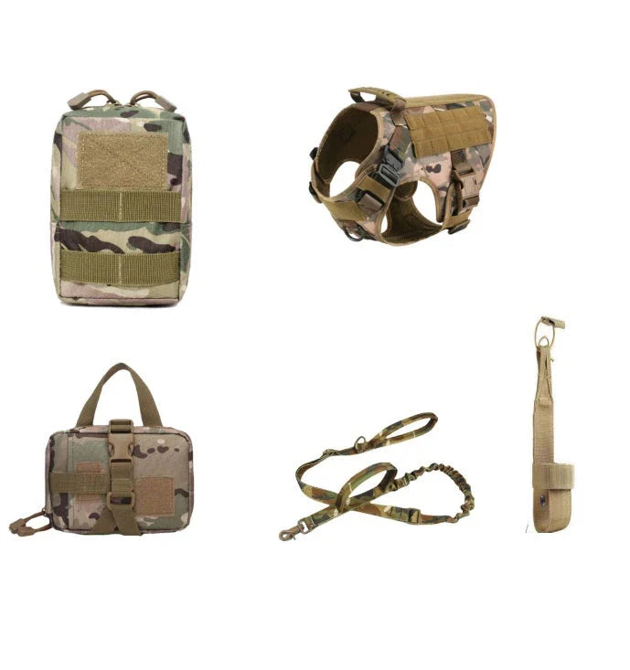 Durable tactical dog harness with reinforced top handle, multiple customizable panels, and leash set for outdoor activities and training