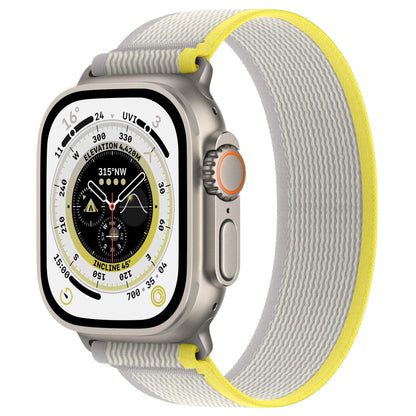 Nylon Apple Watch strap with single-ring closure in black and grey colour combination.