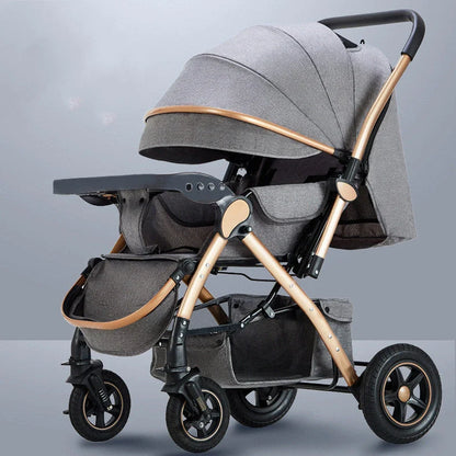 Baby stroller with reversible seat in sky blue colour showing folded and unfolded configurations