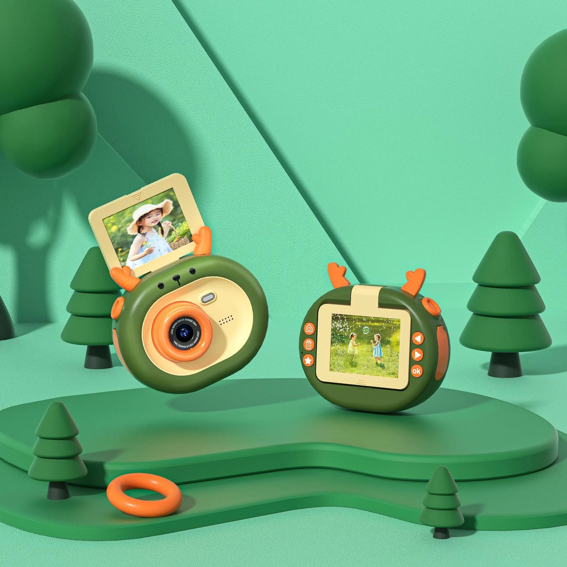 Violet children's flip-screen camera with 9.8cm compact design and USB charging port