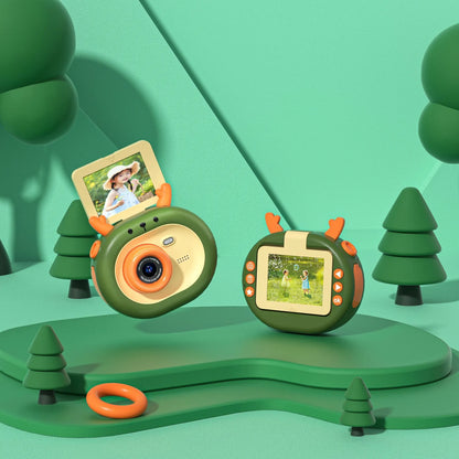 Violet children's flip-screen camera with 9.8cm compact design and USB charging port