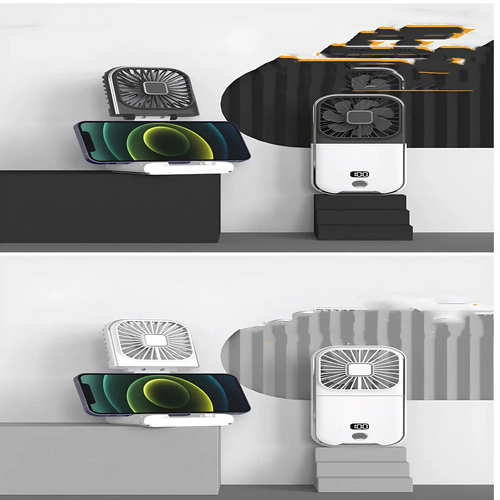 F30Pro folding portable handheld fan in white with digital display, 169x81x20mm size, USB charging, plastic blades for cooling