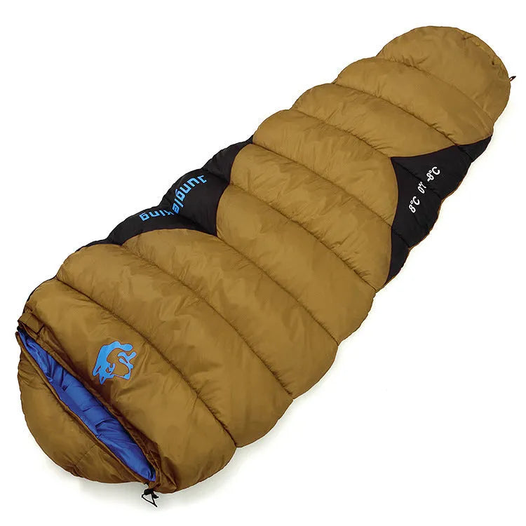 Outdoor mummy sleeping bag in army green with a compression sack, shown unrolled.