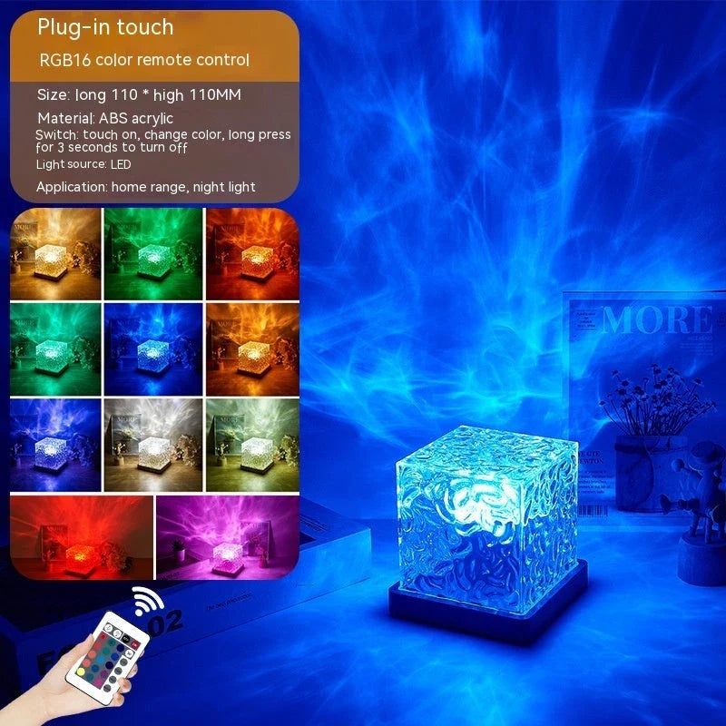 Mesmerizing water wave ambient LED table lamp with remote control, creating a serene and calming atmosphere in any room