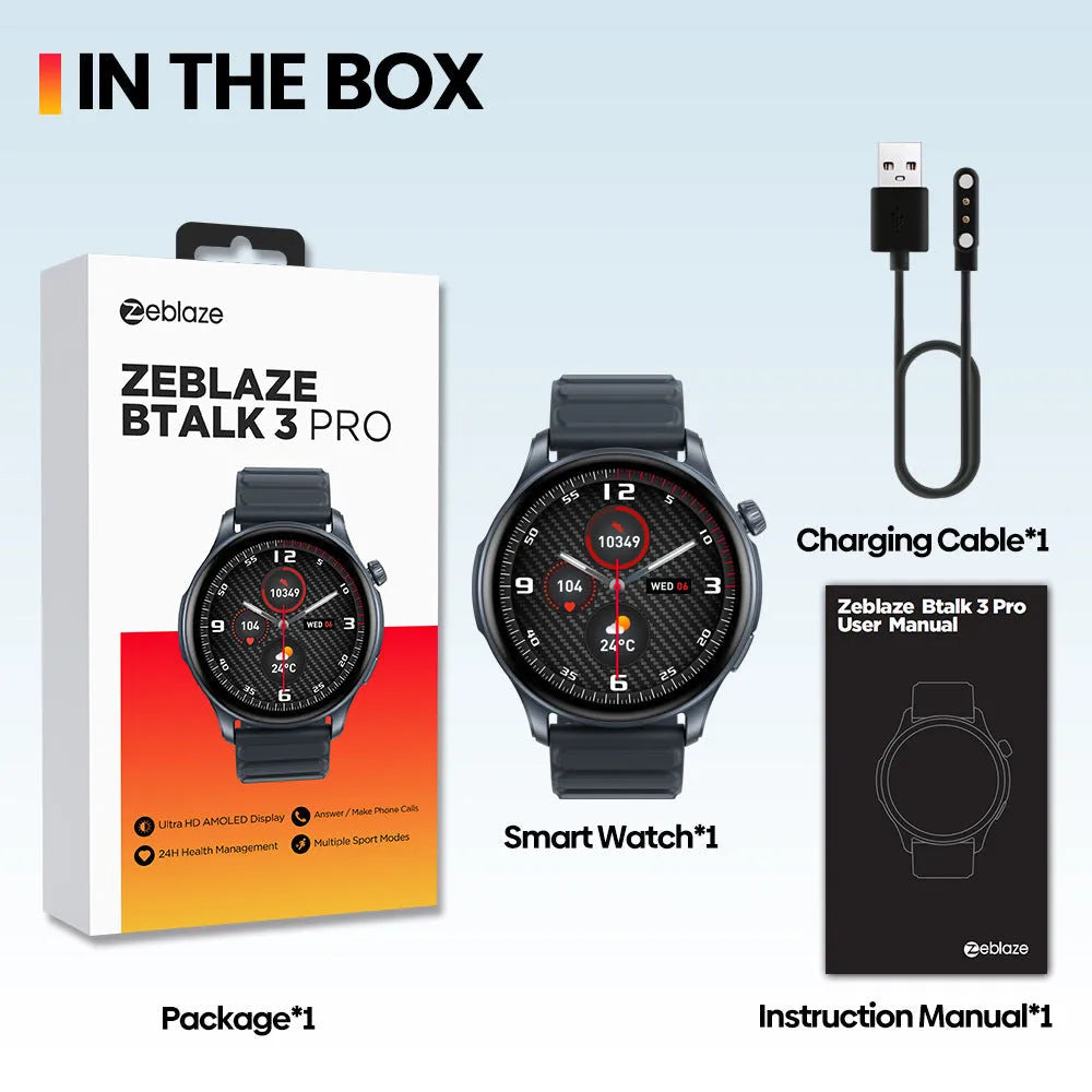 Btalk 3 Pro smart watch in blue showing AMOLED display with heart rate and call functions