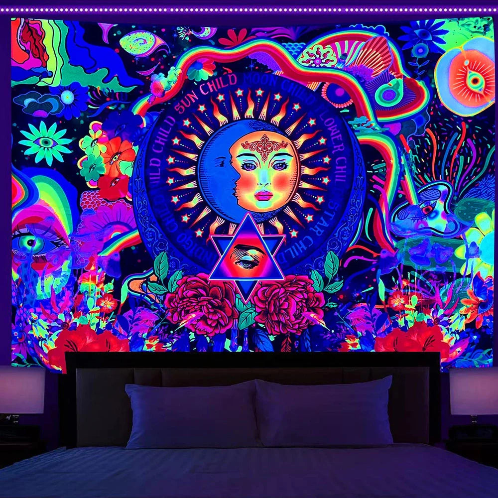 Simple mushroom tree of life fluorescent print polyester tapestry, 150x200cm size hanging on wall with subtle glow