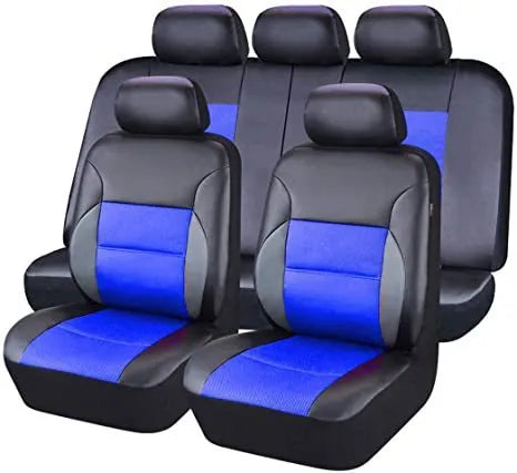 Artificial leather car seat covers in black, showing 9-piece set with headrest and seat protection on a 5-seater car