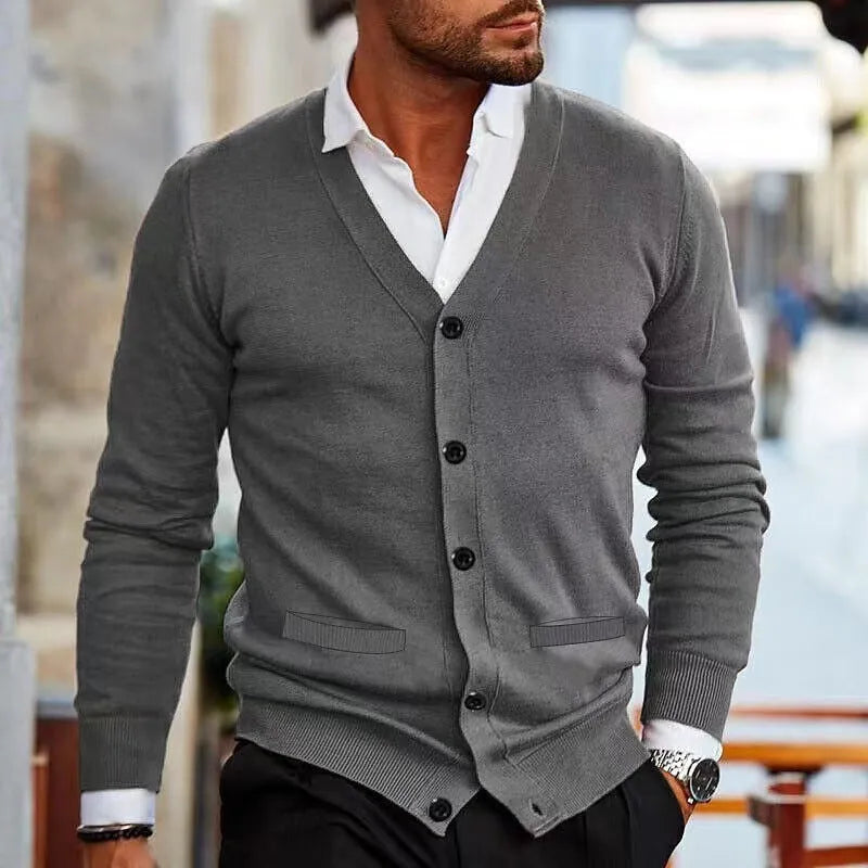 Men's slim fit acrylic cardigan sweater in autumn colours with long sleeves and front button opening