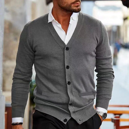 Men's slim fit acrylic cardigan sweater in autumn colours with long sleeves and front button opening