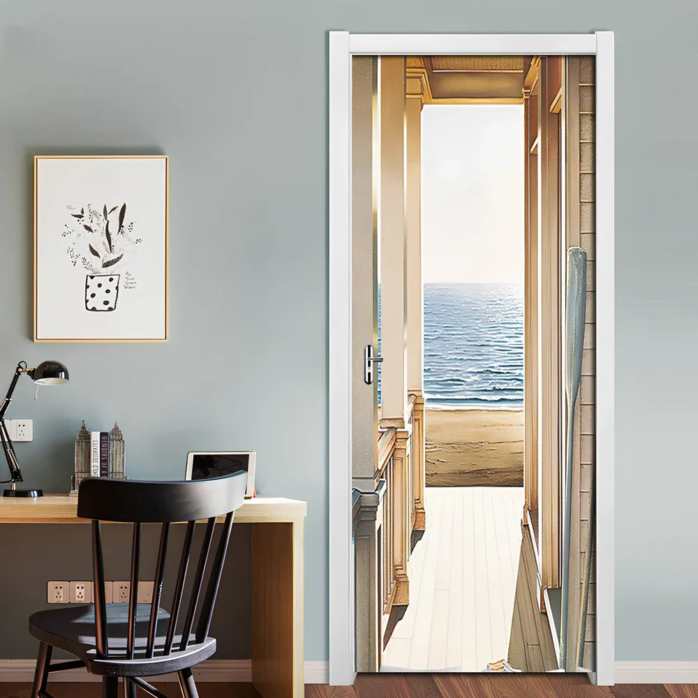 77x200cm 3D landscape PVC self-adhesive door sticker mural on white door, waterproof wall decal for home decor