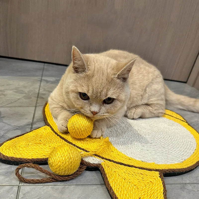 Yellow sisal cat scratching pad with corgi butt design, showing adhesive hooks and anti-slip base, dimensions 37cm by 40cm.