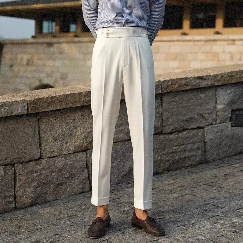 Slim fit straight-leg suit pants in black, white, or apricot for business formal wear, sizes 28-38